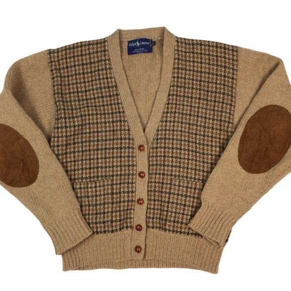 Vintage 80s Ralph Lauren Houndstooth Wool Cardigan Grandpa Sweater Elbow Patch M - Picture 3 of 8